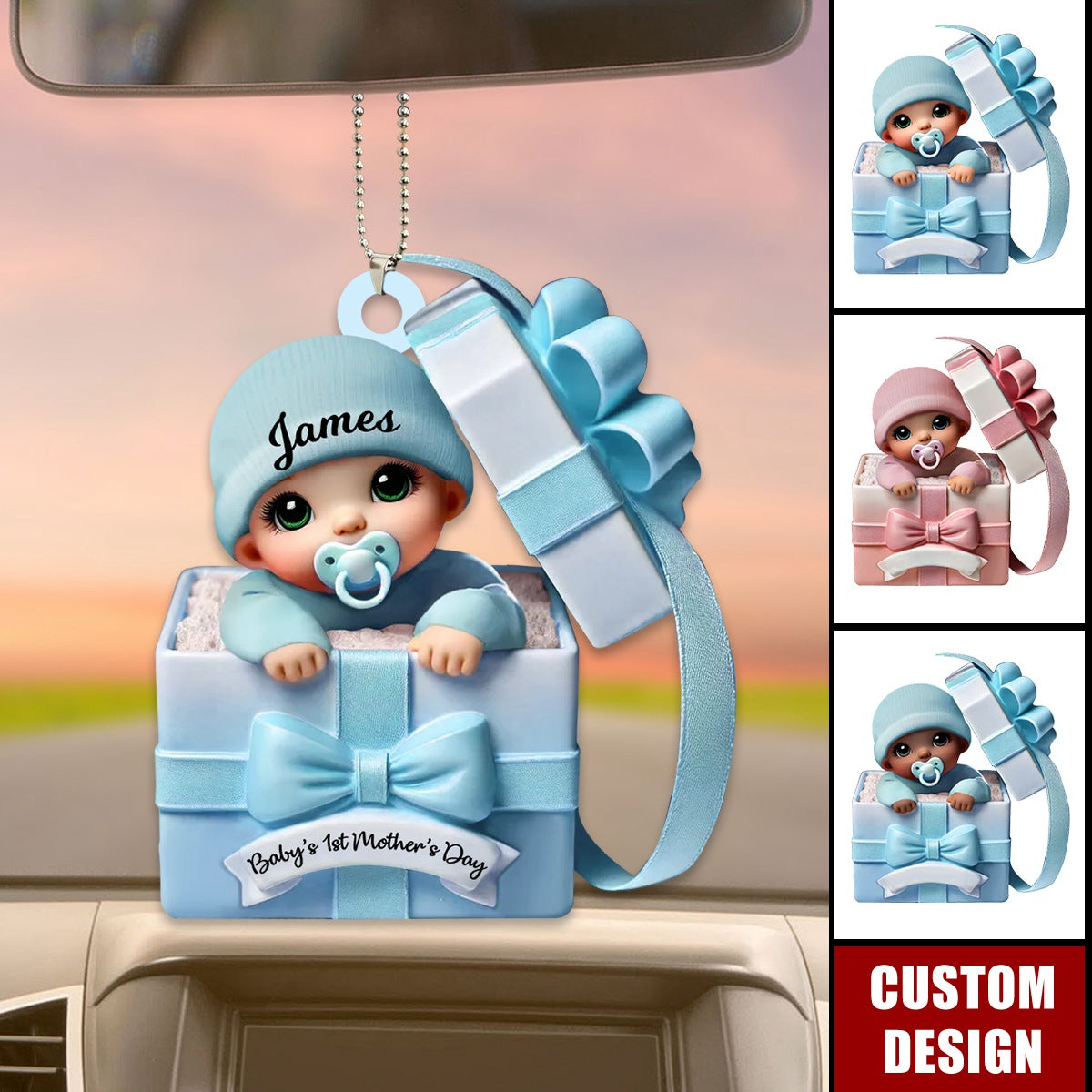 Baby Inside Gift Box Personalized Acrylic Car Ornament - Baby's First Mother's Day Gift