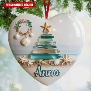 Personalized Coastal Sea Glass Ceramic Christmas Tree Ornaments