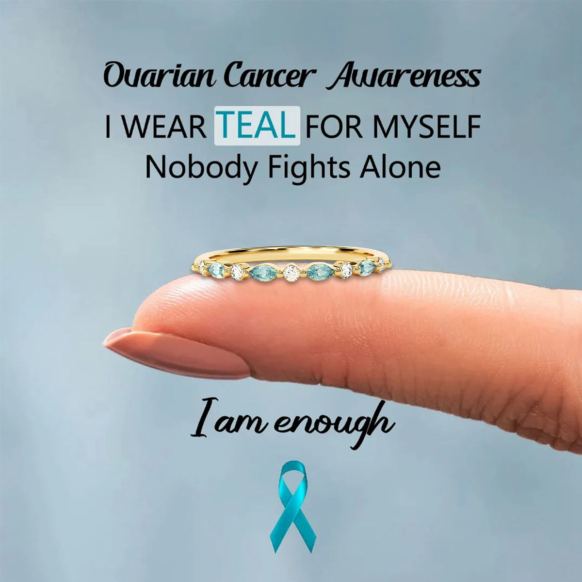 Ovarian Cancer Awareness-Cyan Diamond Thin Ring