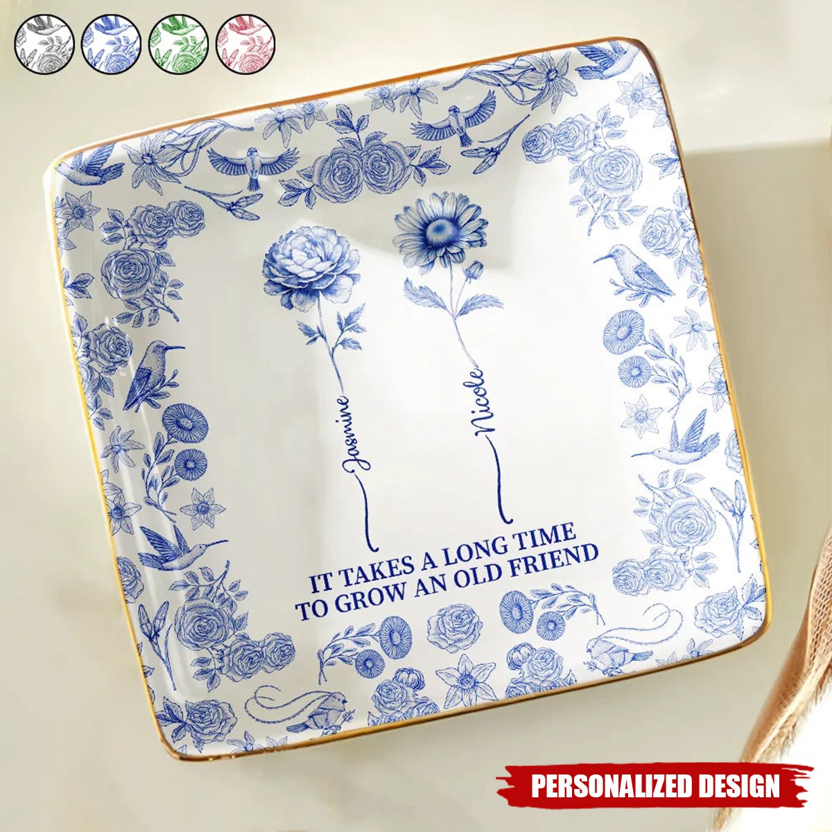 Toile De Jouy Birth Flower Grow An Old Friend - Personalized Ring Dish