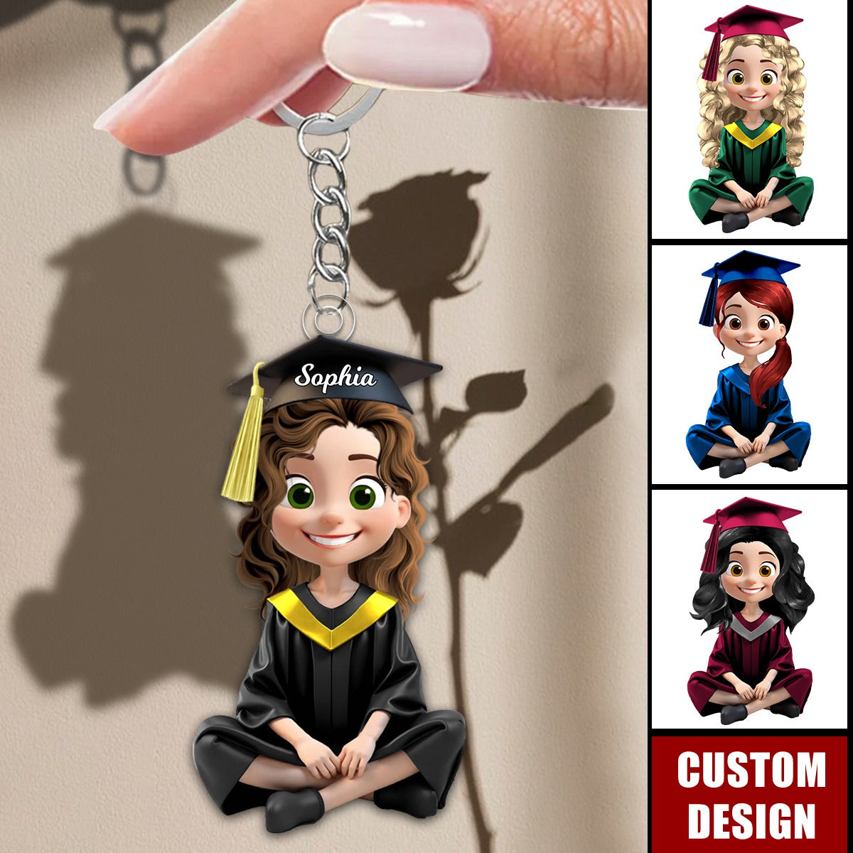 Cute Cartoon Sitting Graduates-Personalized Keychain, Graduation Gift