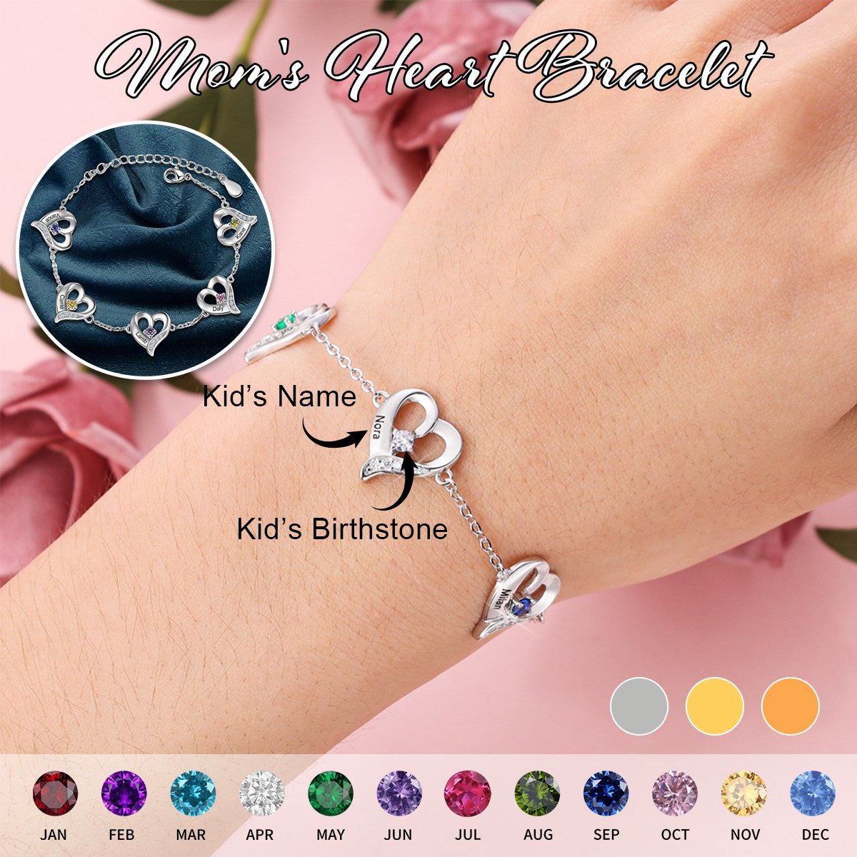 Personalized Heart Bracelet With Birthstones-Gift For Mom Grandma