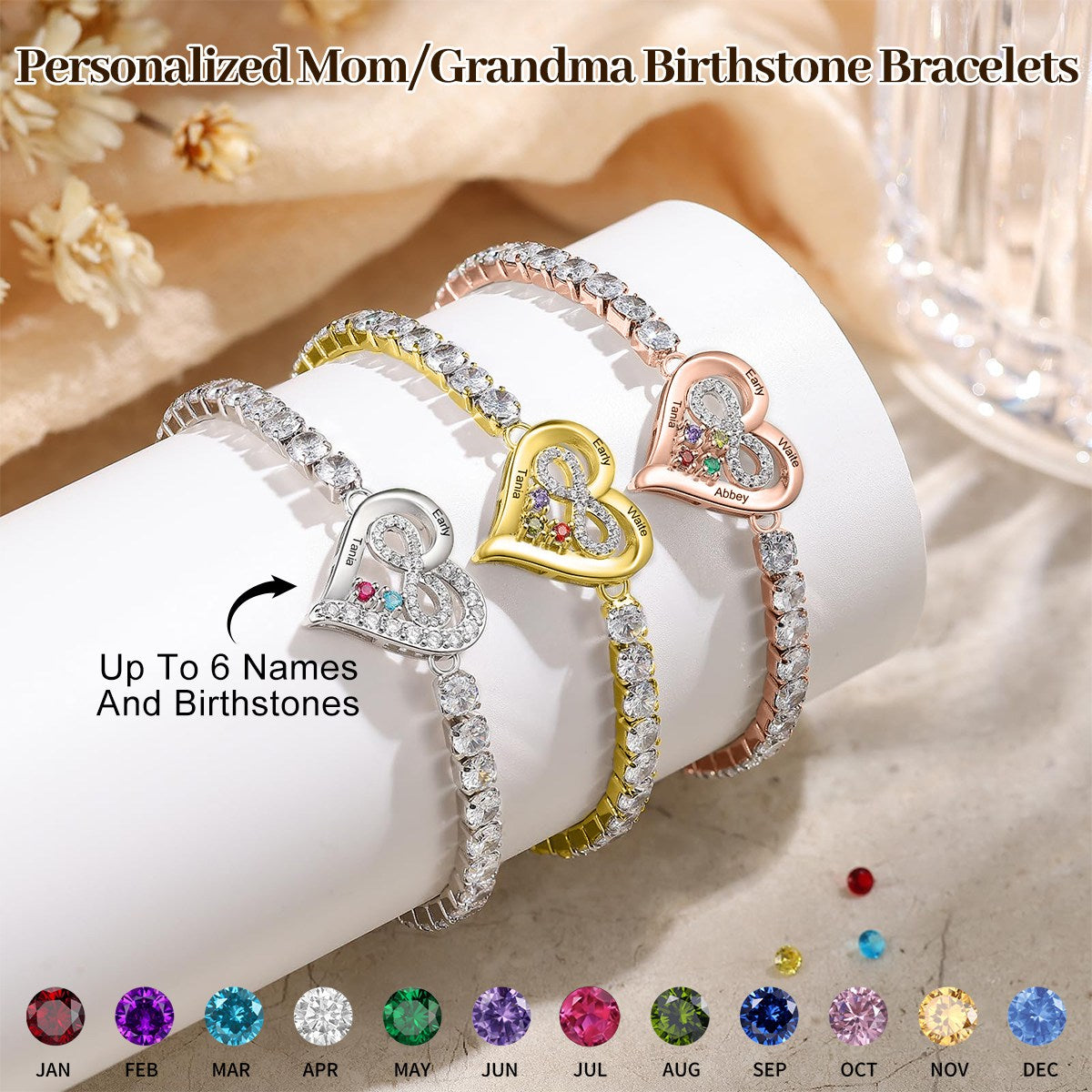 Personalized Birthstone Bracelets-Gift for Her Mom Wife
