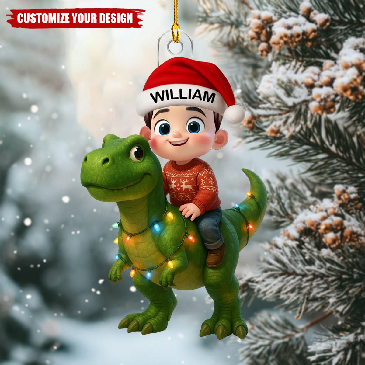 Personalized Cute Cartoon Kid With Dinosaur Christmas Acrylic Ornament, Unique Gift For Grandkids