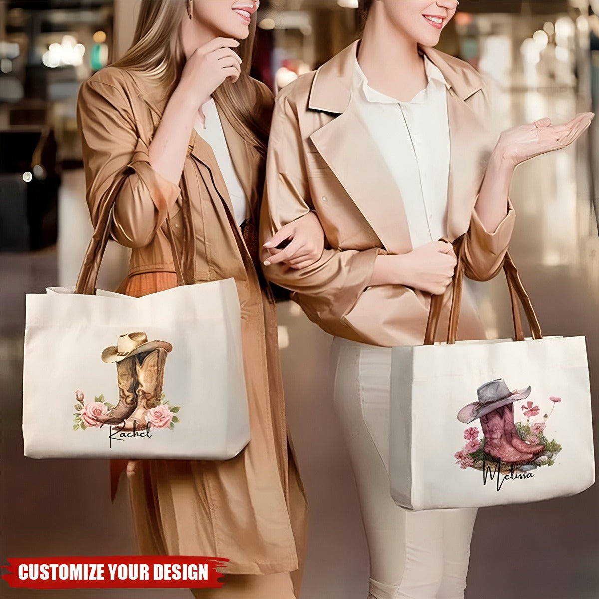 Personalized Birth Flower Western Cowgirl Boots Design Canvas Tote Bag