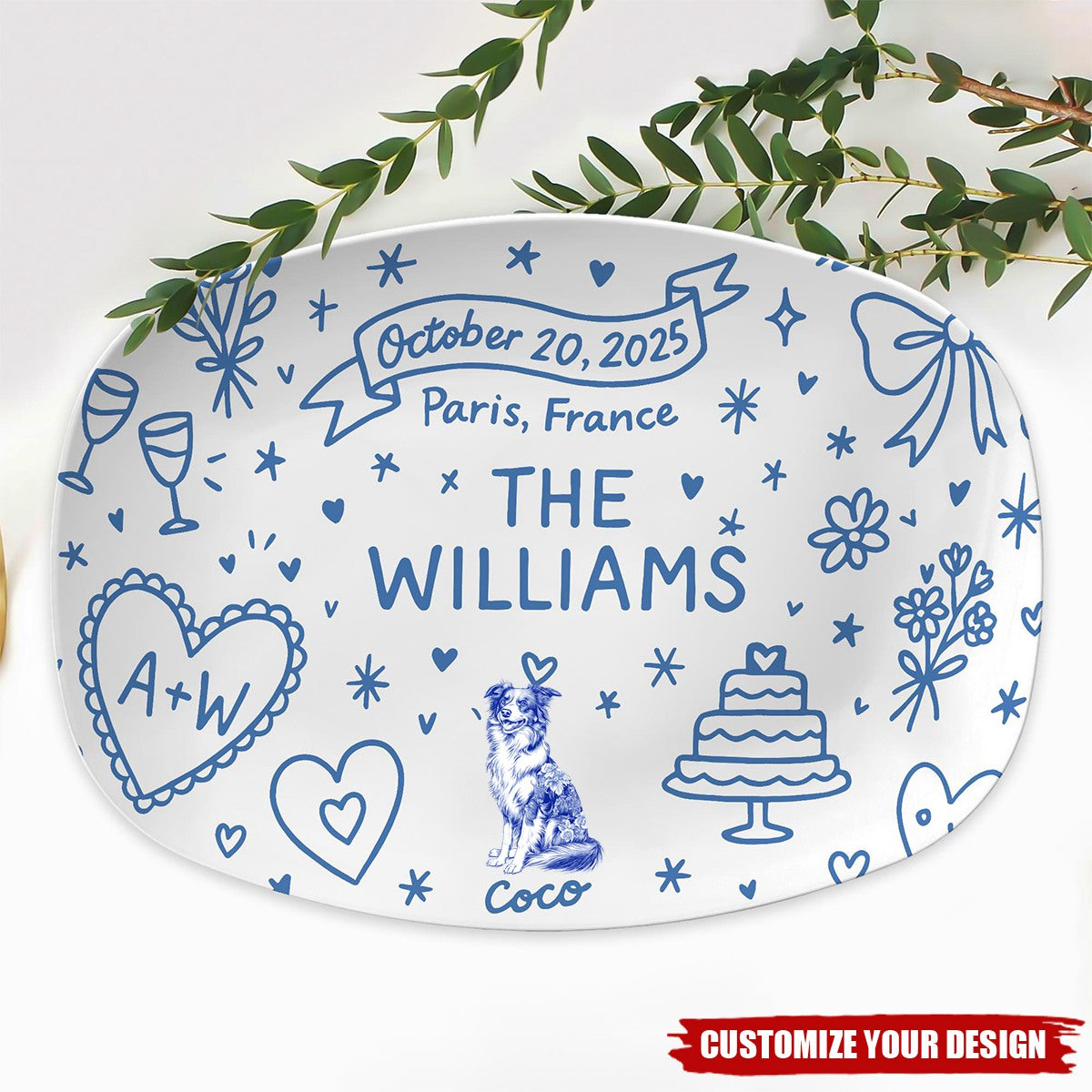 Custom Wedding Platter – Personalized Couple Gift with Names, Dog, Date & Location