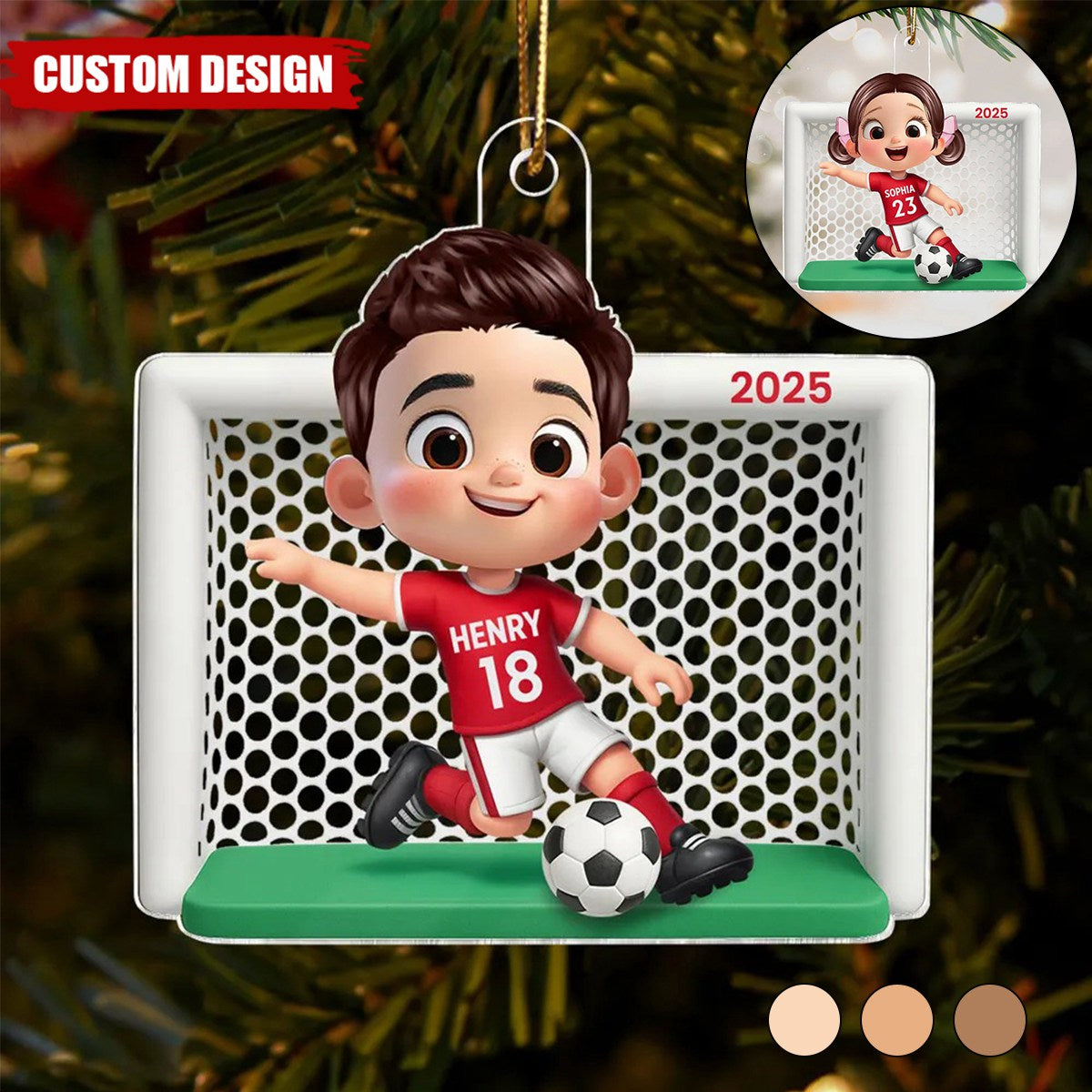 Boy Girl Soccer Player Personalized 2D Flat Acrylic Ornament, Christmas Gift