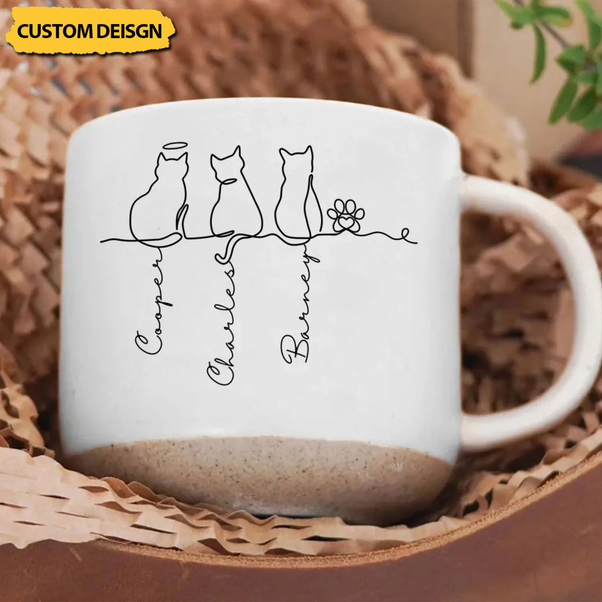Line Art Cute Cats - Personalized Pottery Mug, Gift for Cat Lovers