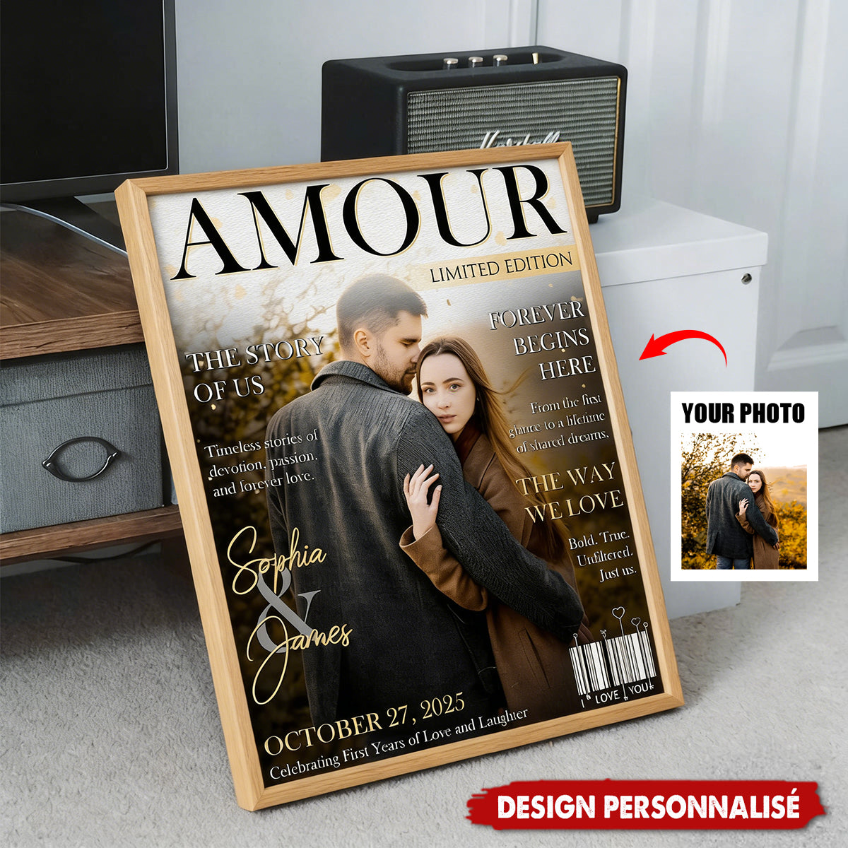 Personalized Amour Magazine Cover Couple Poster, Romantic Love Story Gift