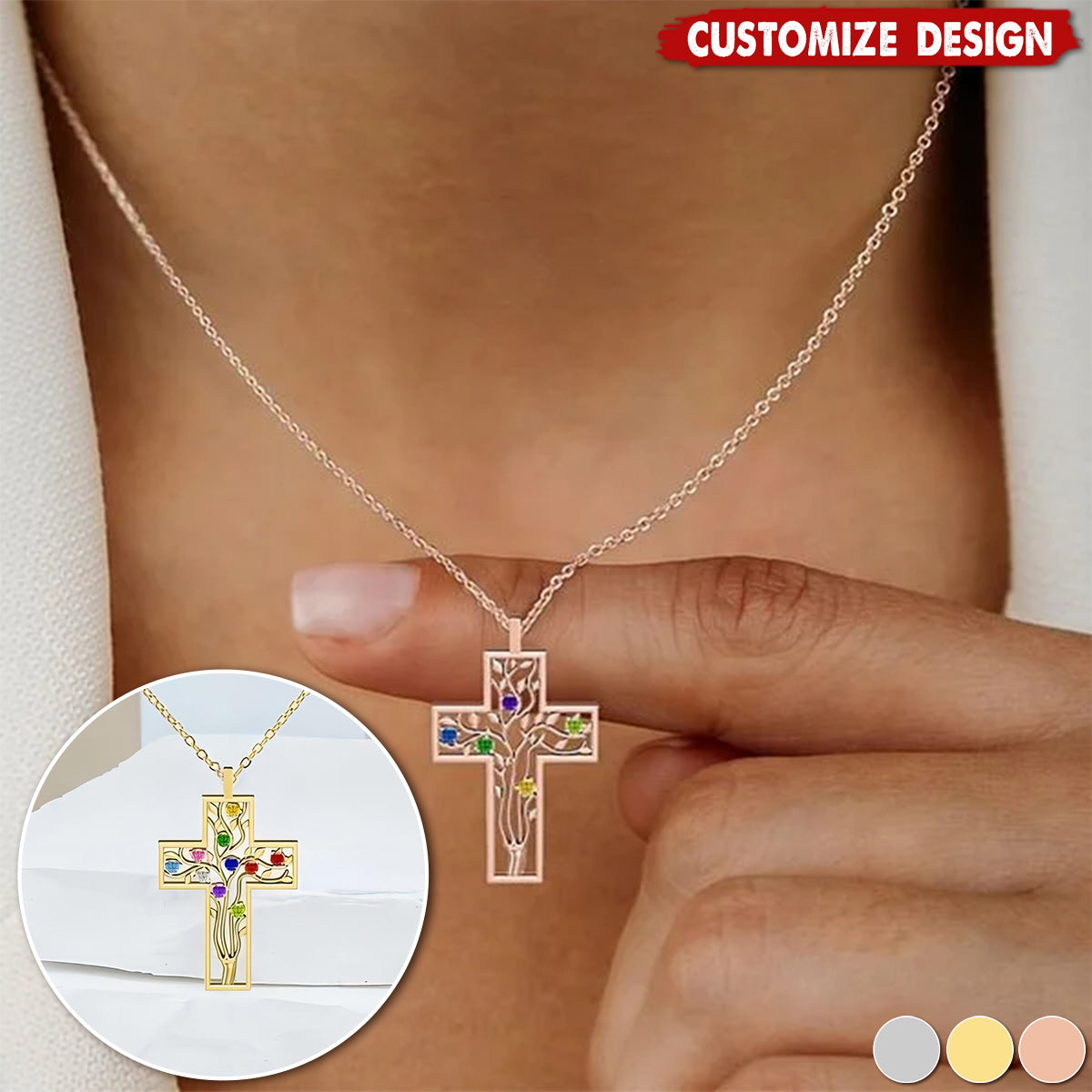 Personalized Cross 2-10 Birthstones Family Tree Necklace