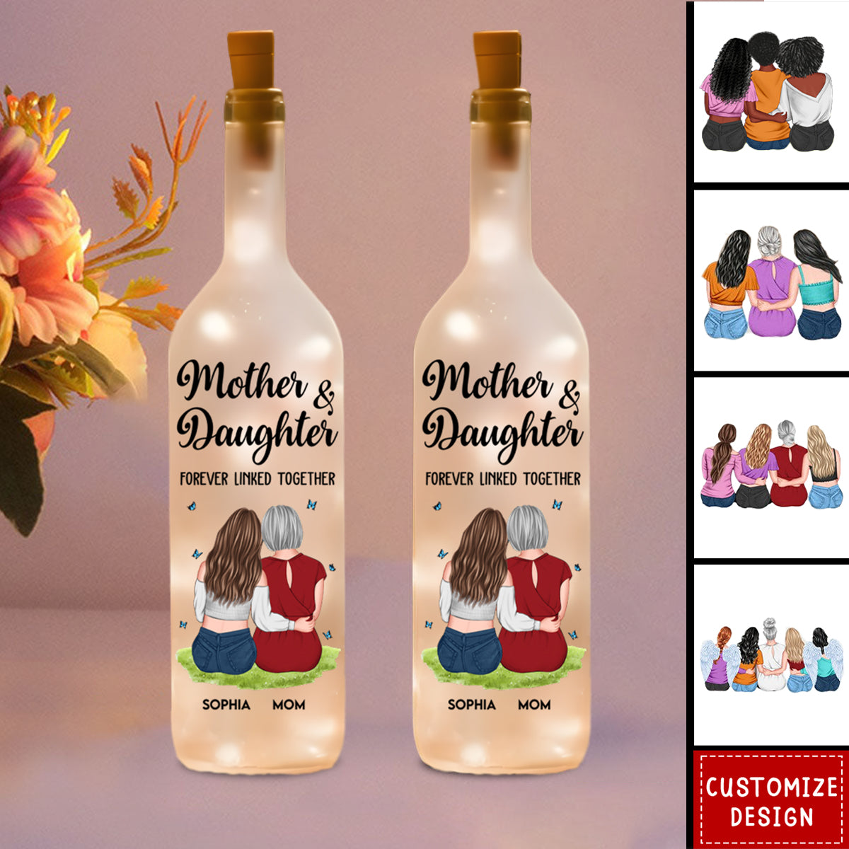 Mother And Daughter Forever Linked Together - Personalized Bottle Lamp