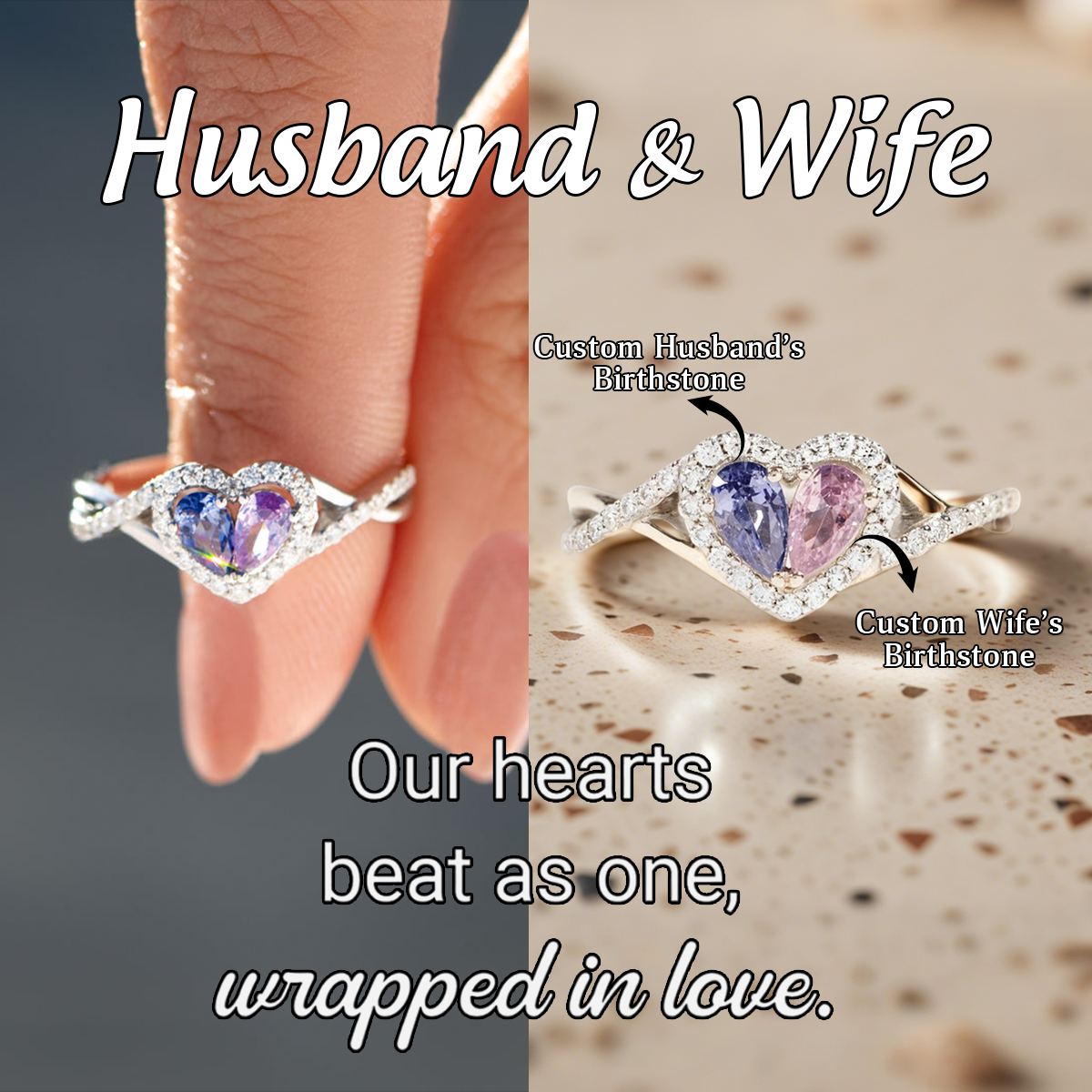 Personalized Husband And Wife Dual Teardrop Birthstone Heart Ring