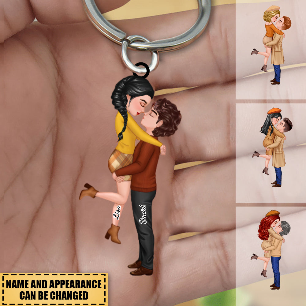 Doll Couple Hugging Kissing In Fall Anniversary Gift- Personalized Keychain