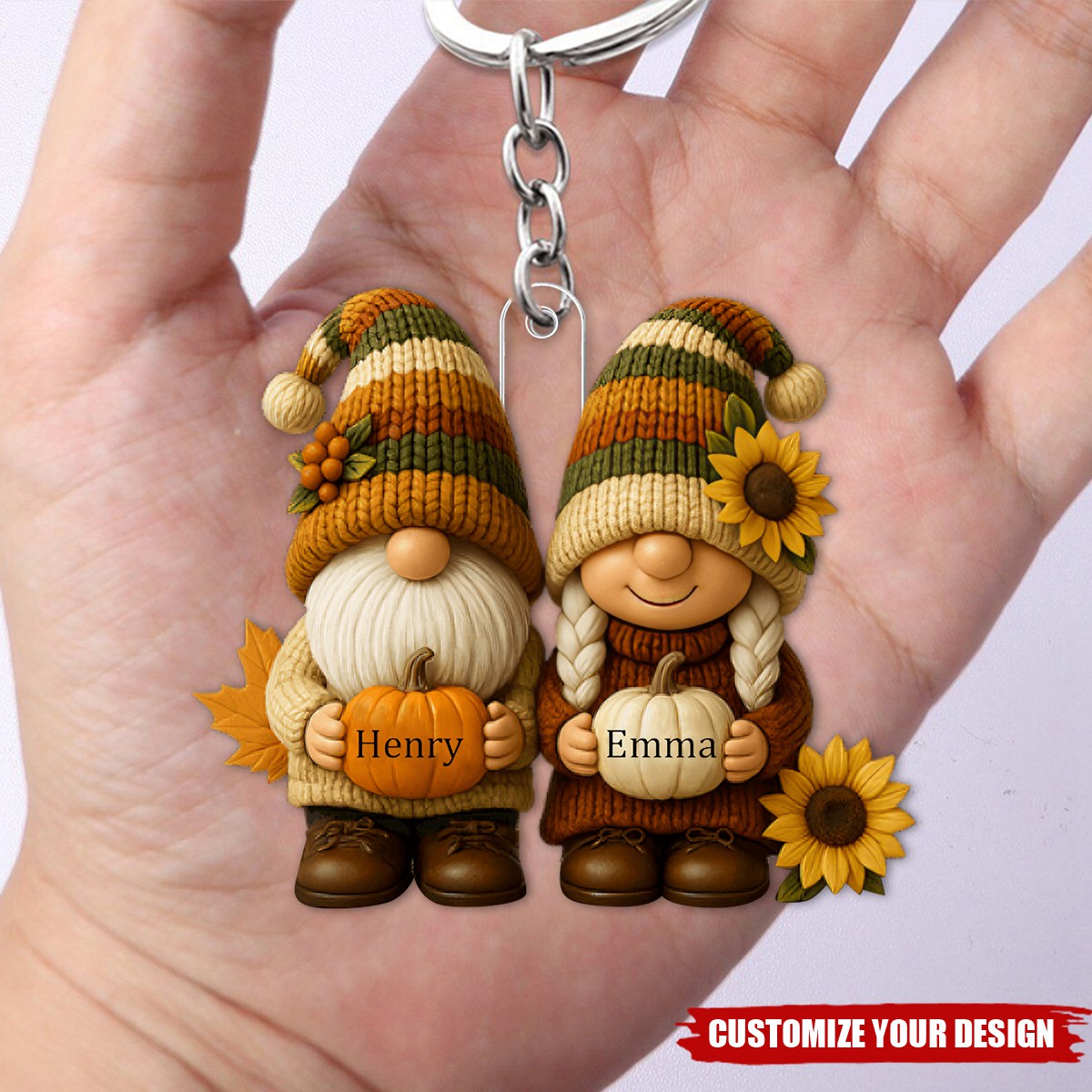 Growing Old Together, Couple With Sunflowers And Pumpkins Keychain, Gift For Couples And Grandparents