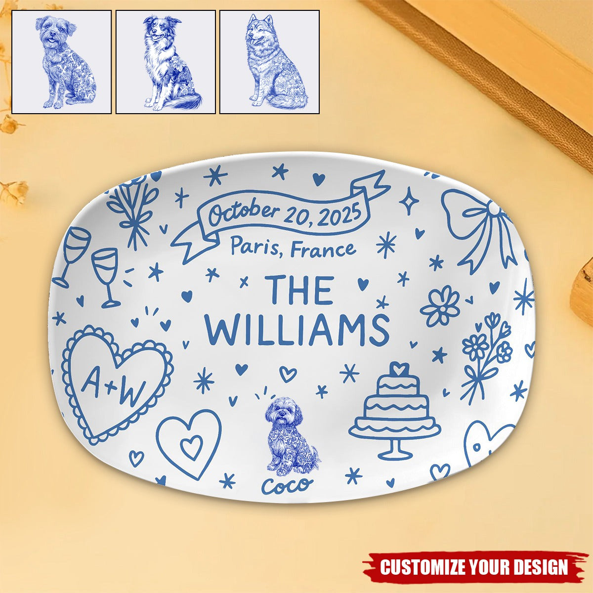 Custom Wedding Platter – Personalized Couple Gift with Names, Dog, Date & Location