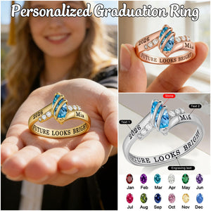 Personalized Engraved Birthstone High School Class Ring, Bypass Opening CZ Stone Ring for Graduates