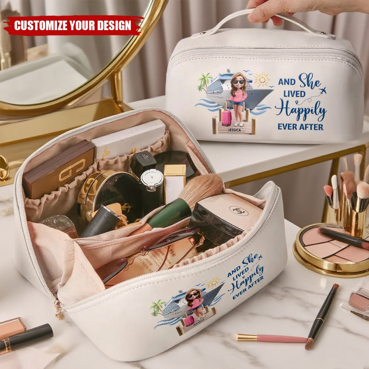 Travel All My Cruise Crap - Personalized Leather Makeup Bag