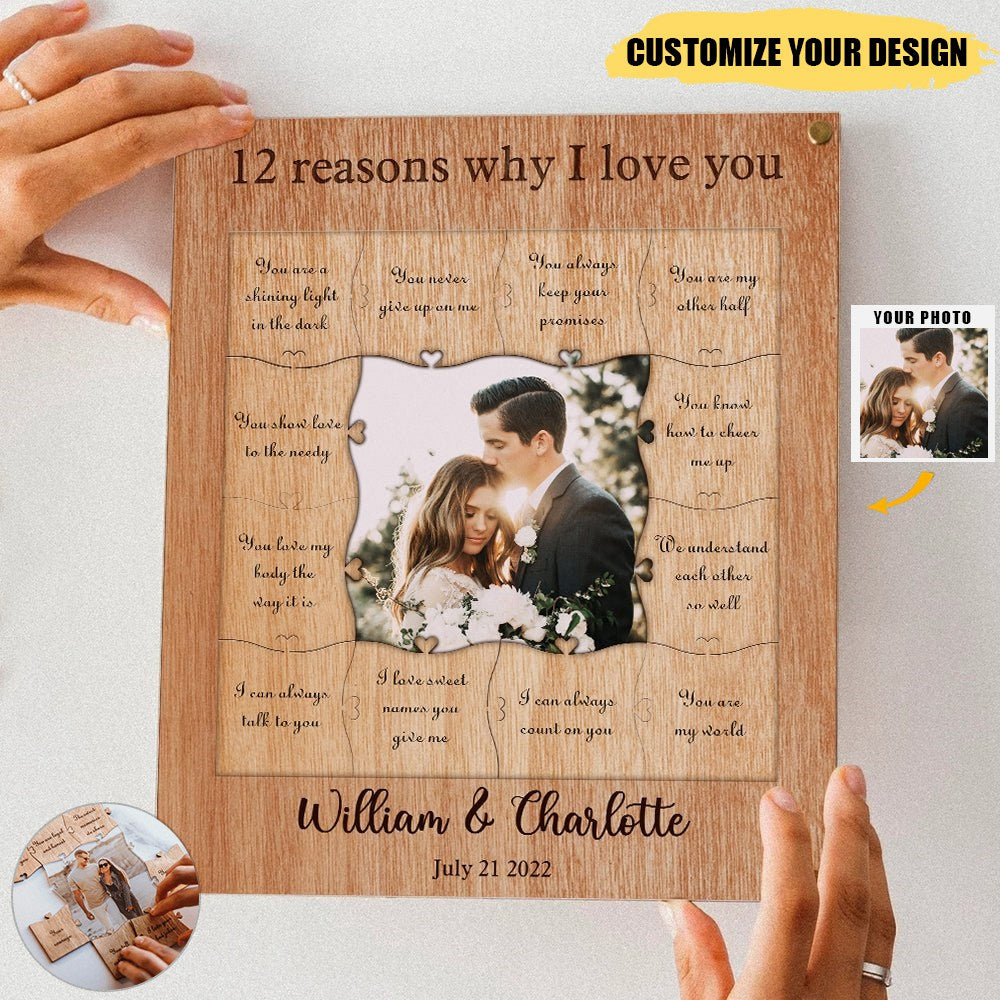 12 Reasons Why I Love You Wooden Puzzle Piece Collage - Personalized Frame