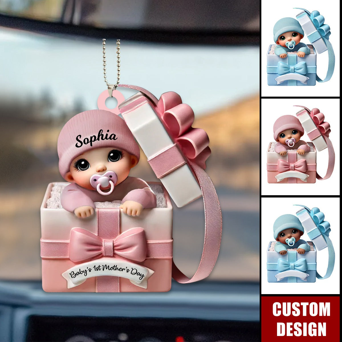 Baby Inside Gift Box Personalized Acrylic Car Ornament - Baby's First Mother's Day Gift