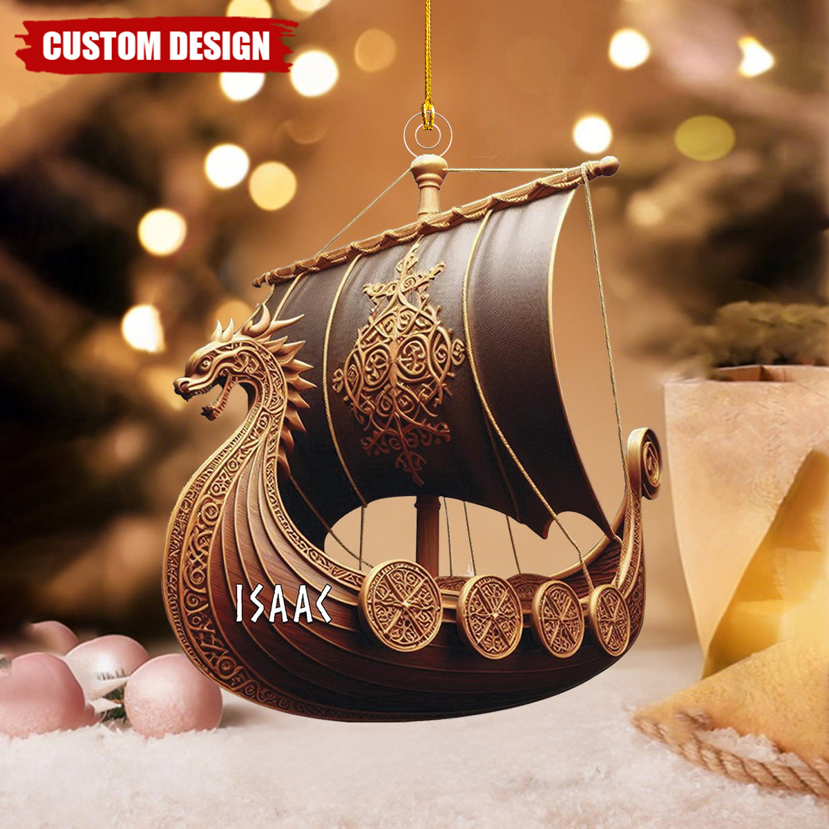 Viking Ship Ornament, Personalized Norse Longship Christmas Decoration, Nordic Mythology Gift