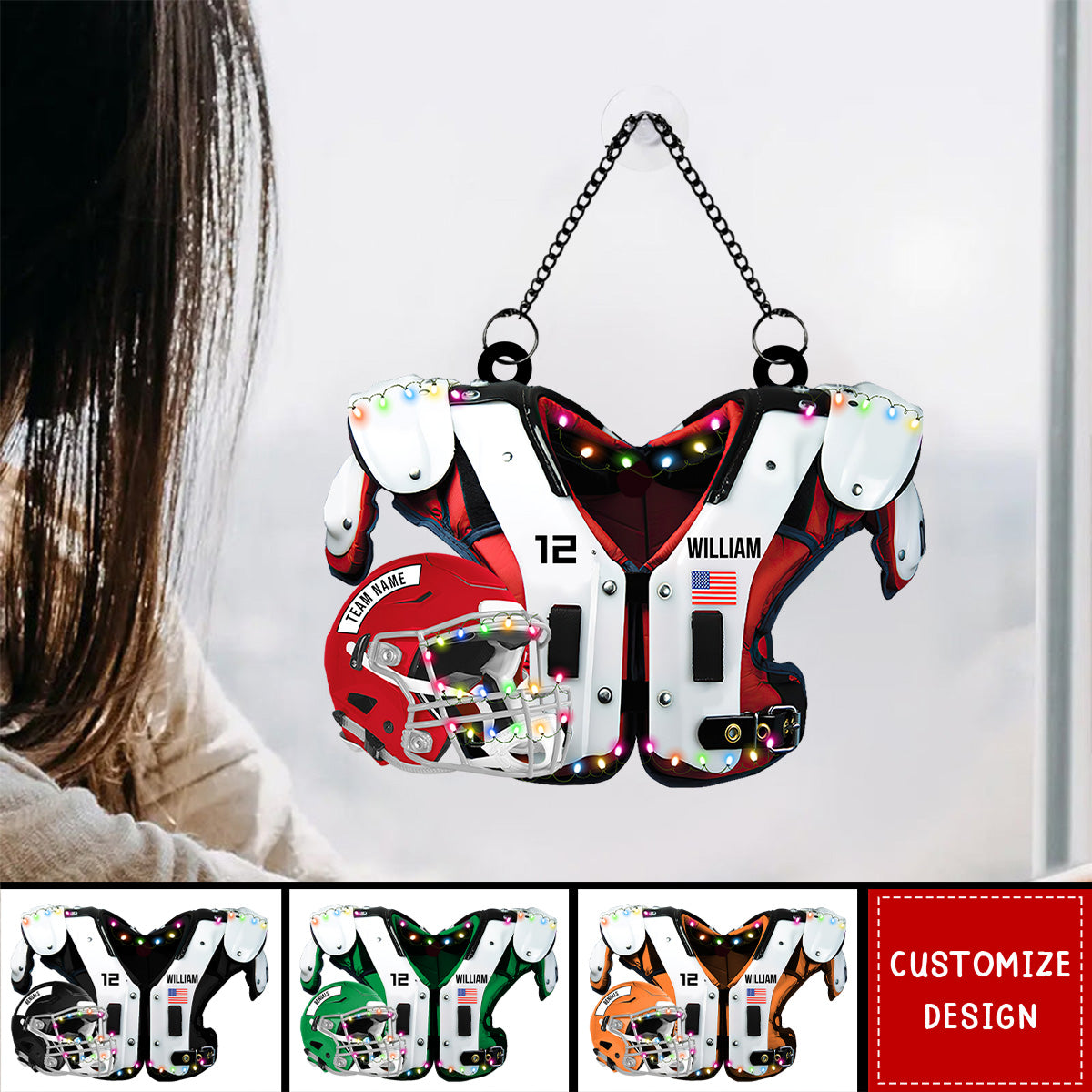 Personalized American Football Shoulder Pads And Helmet Window Hanging Suncatcher Ornament - Gift For American Football
