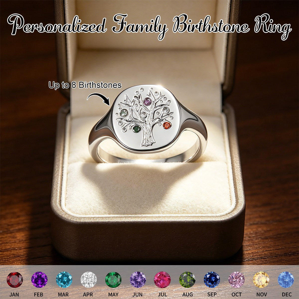Personalized 1-8 Birthstone Family Tree Ring-Birthday Mother's Day Gift for Mom Grandma
