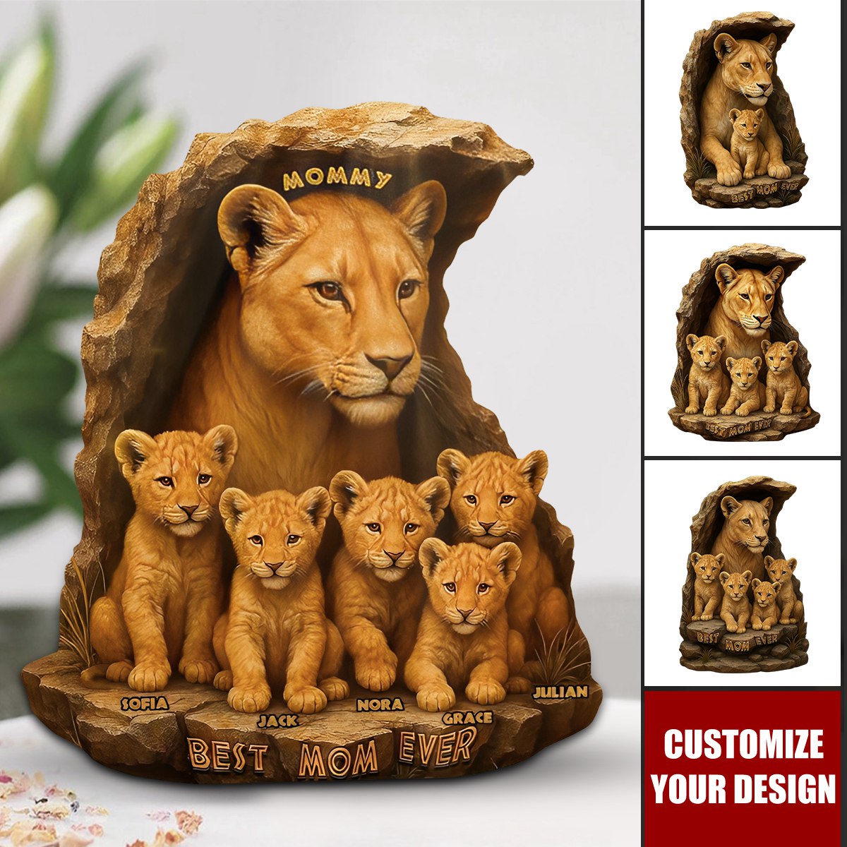 Personalized Gift For Mom Plaque, Lion Mom & Little Cubs