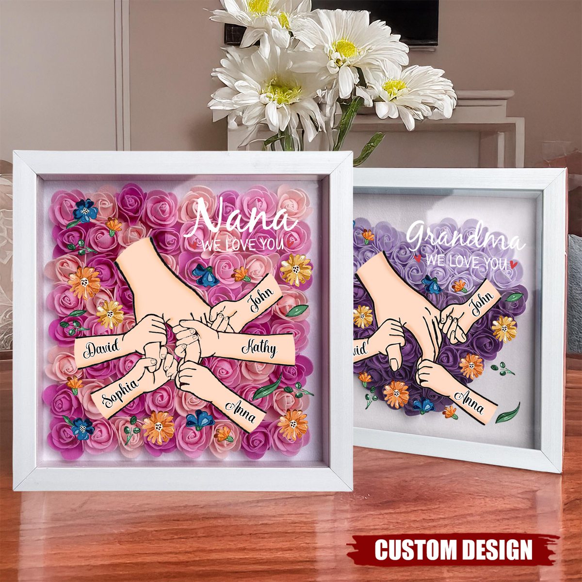 Grandma We Love You - Personalized Flower Shadow Box With Name, Mother's Day Gift