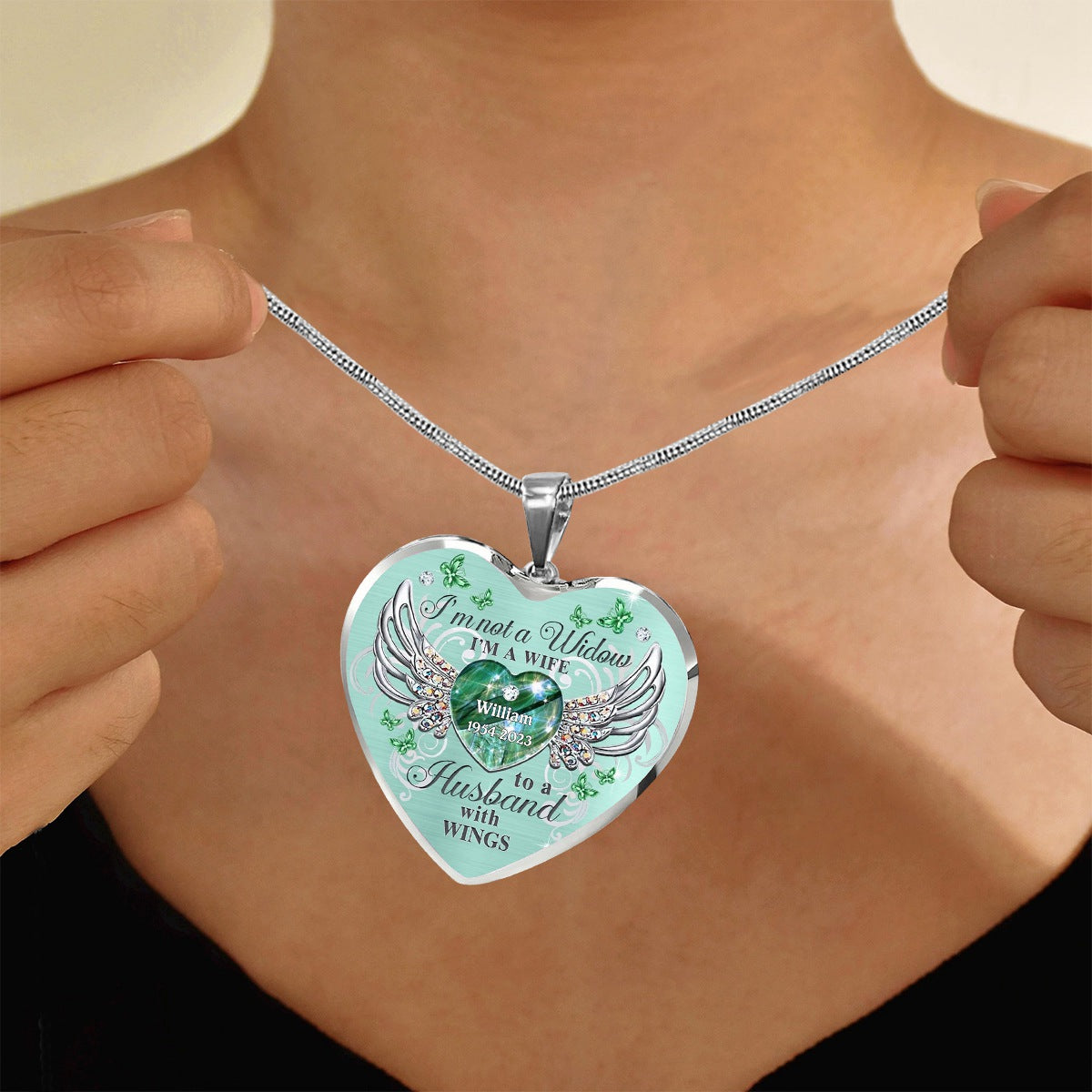 Memorial Butterfly My Husband Has Wings Personalized Heart Necklace, Memorial Jewelry Loss Of Loved One