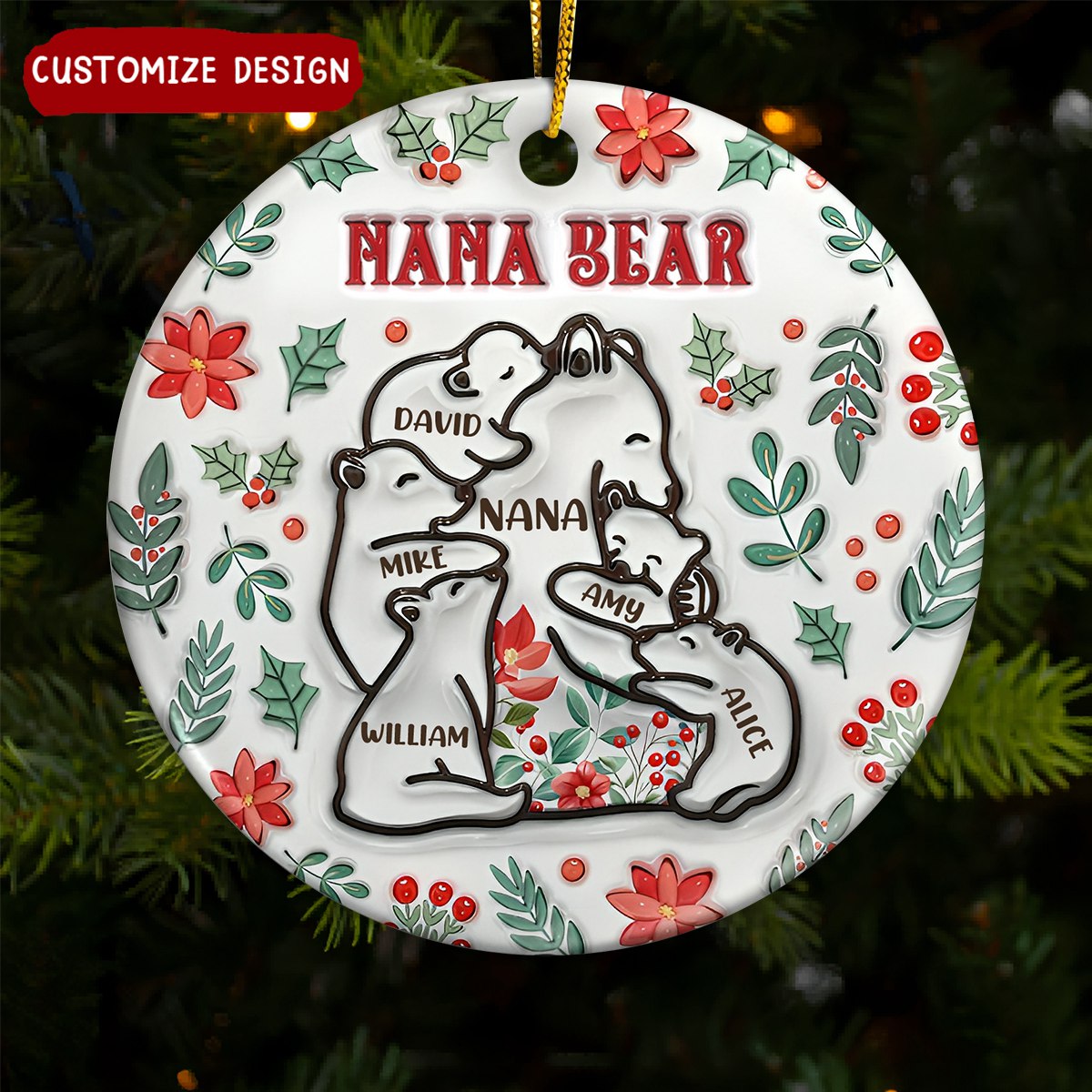 2024 New Release - Christmas Mama Bear - 3D Inflated Effect Printed Ornament, Personalized Circle Ceramic Ornament