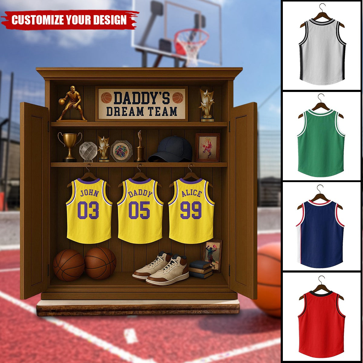 Personalized Daddy's Dream Team Basketball Jersey 2-Layered Wooden Plaque-Father’s Day Gift For Sports Dad