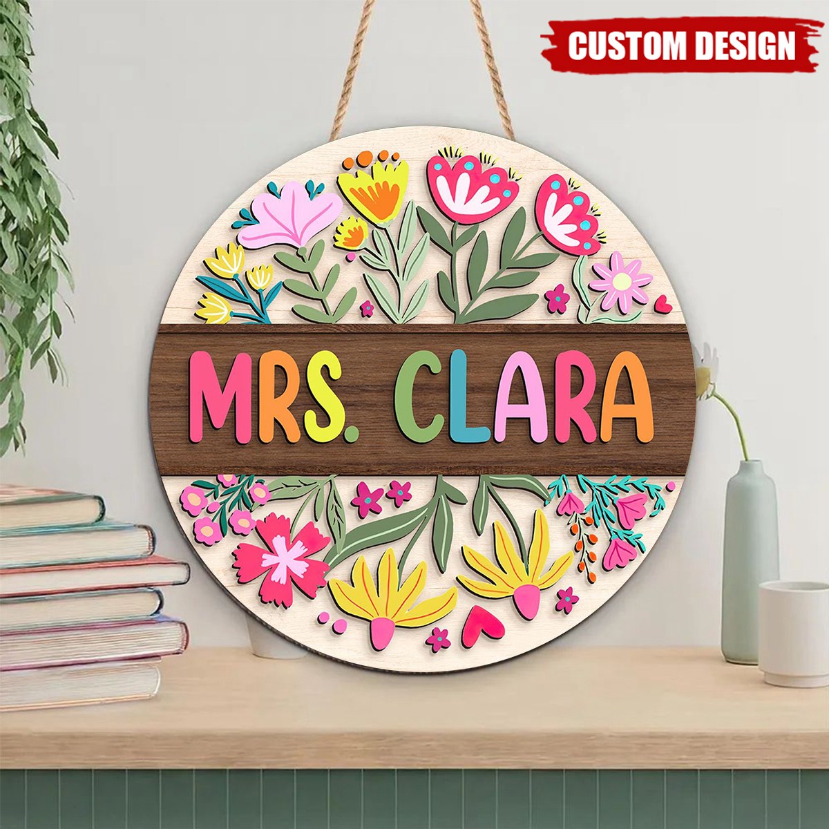Teacher Flower Pattern - Personalized Shaped Wood Sign, Back To School Gift