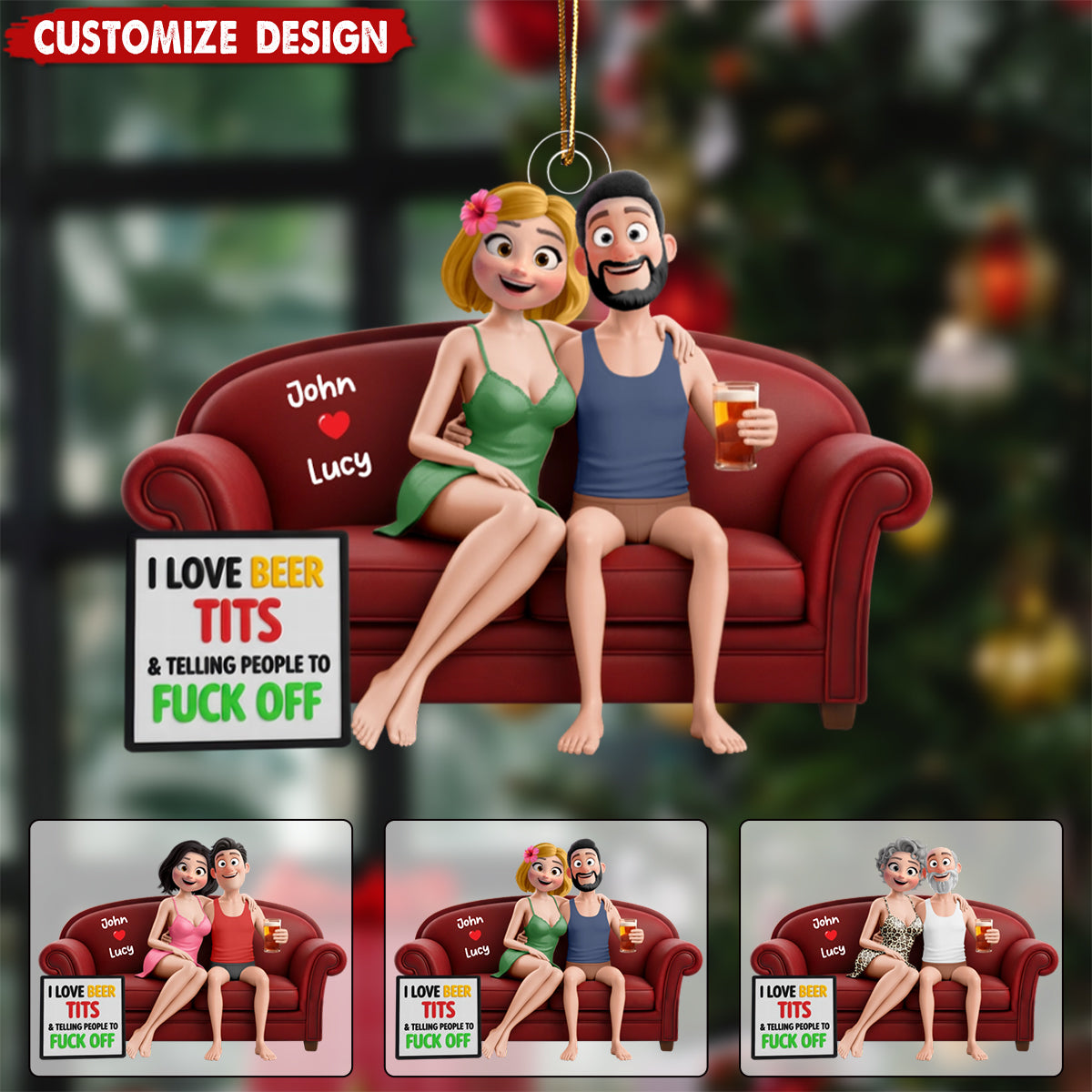 Naughty Couple Sitting on the sofa Christmas Ornament - Personalized Gifts For Couple