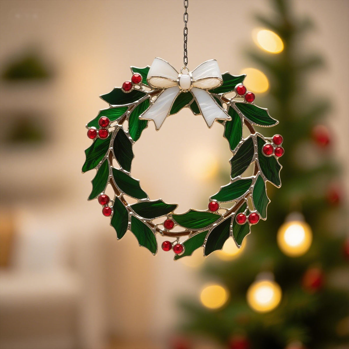 Christmas Stained Holly Wreath Ornament