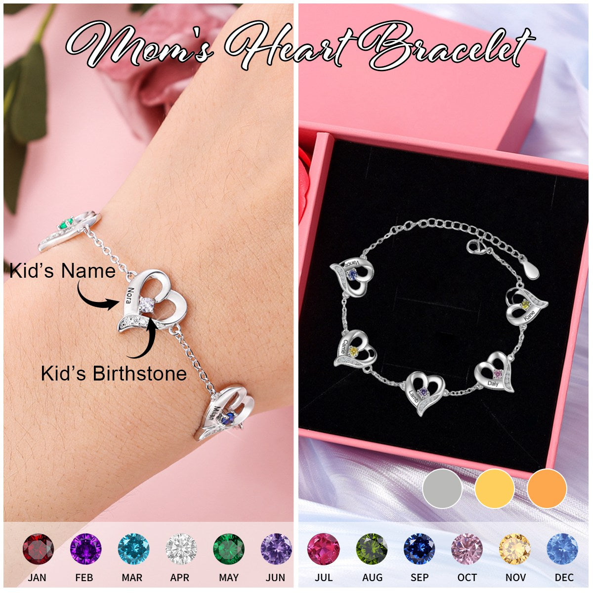 Personalized Heart Bracelet With Birthstones-Gift For Mom Grandma