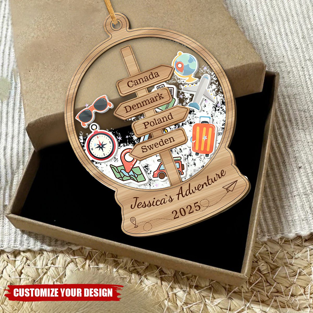 Personalized Travel Adventure Shaker Ornament, Travel Shaker Keepsake Ornament