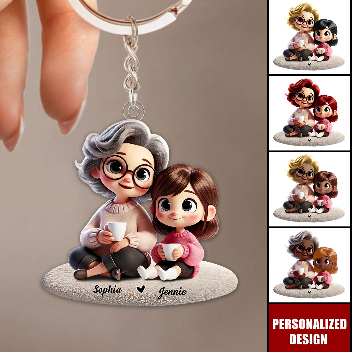 Happy Grandma & Grandkid Sitting-Personalized Keychain-Gift For Mom, For Grandma