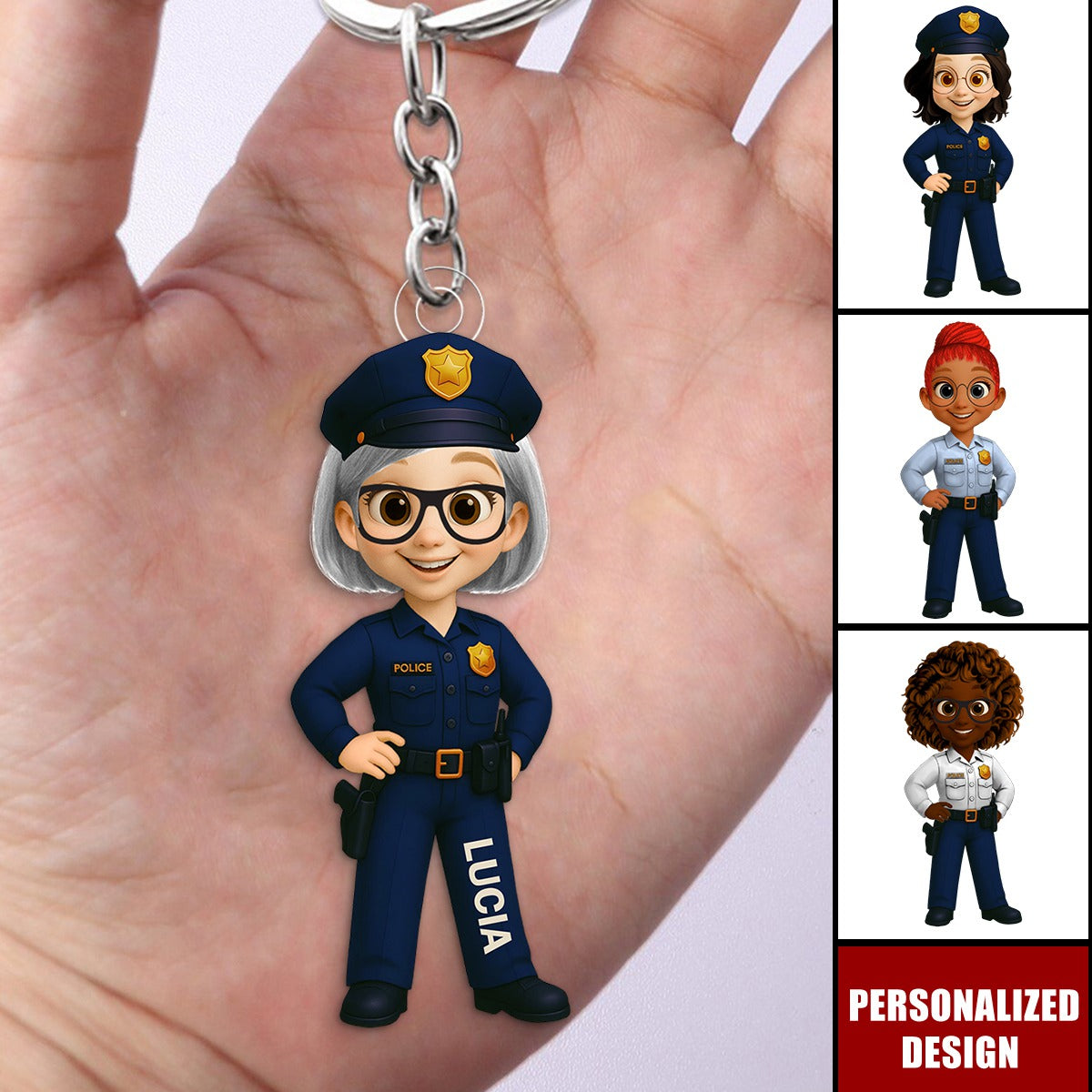 Personalized Woman Police Officer Cartoon Character Keychain-Gift For Law Enforcement