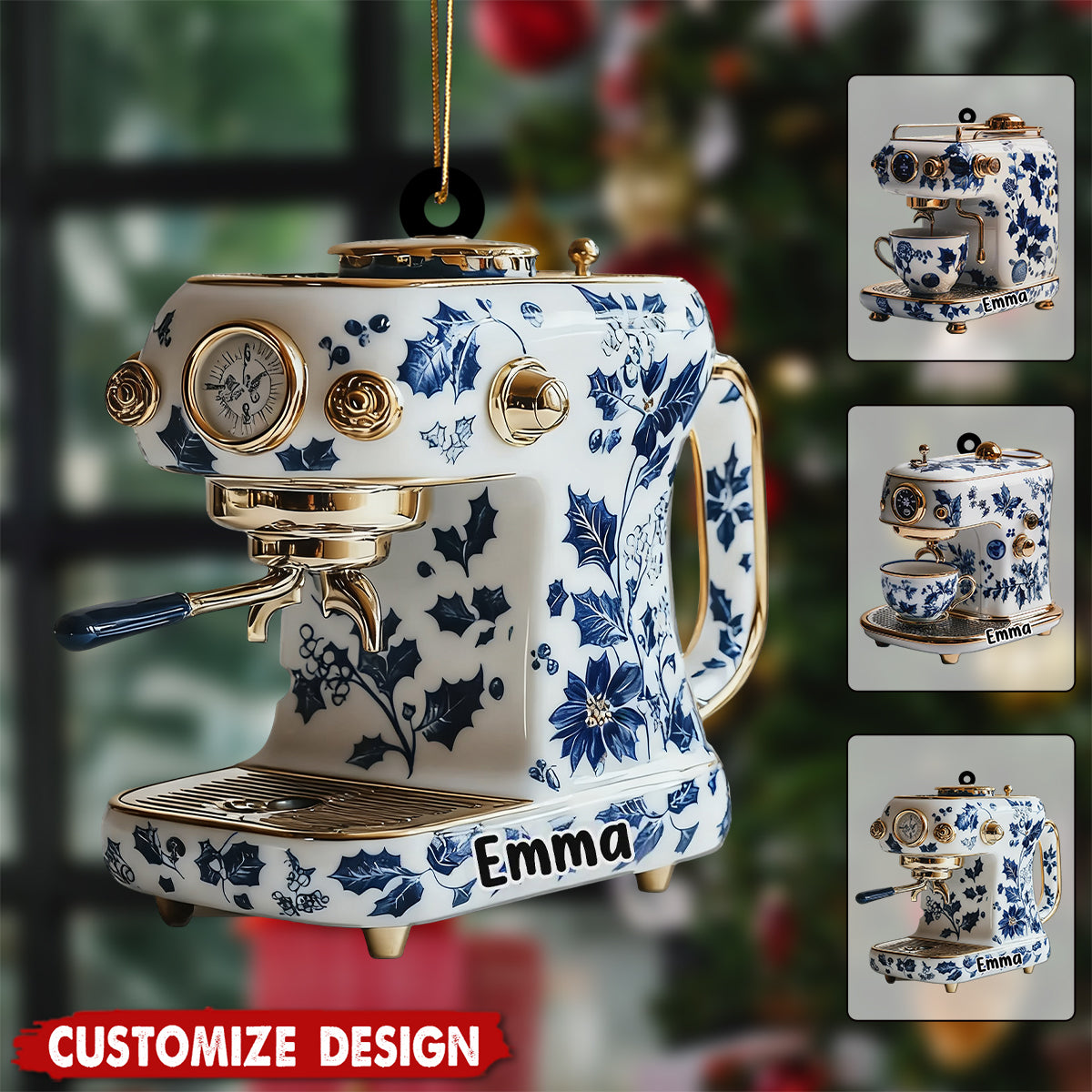 Personalized Unique Blue White Espresso Machine Christmas Ornament  - Gift For Coffee Maker And Floral Barista
