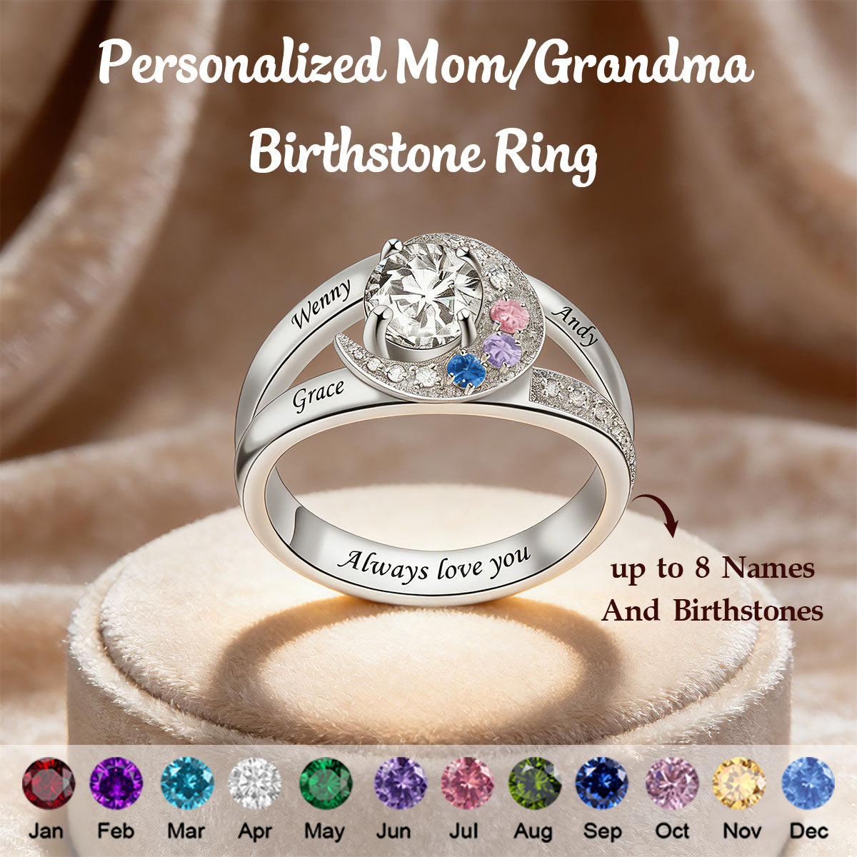 Personalized Birthstone Rings With 1-8 Birthstones-Gifts for Mother Grandma