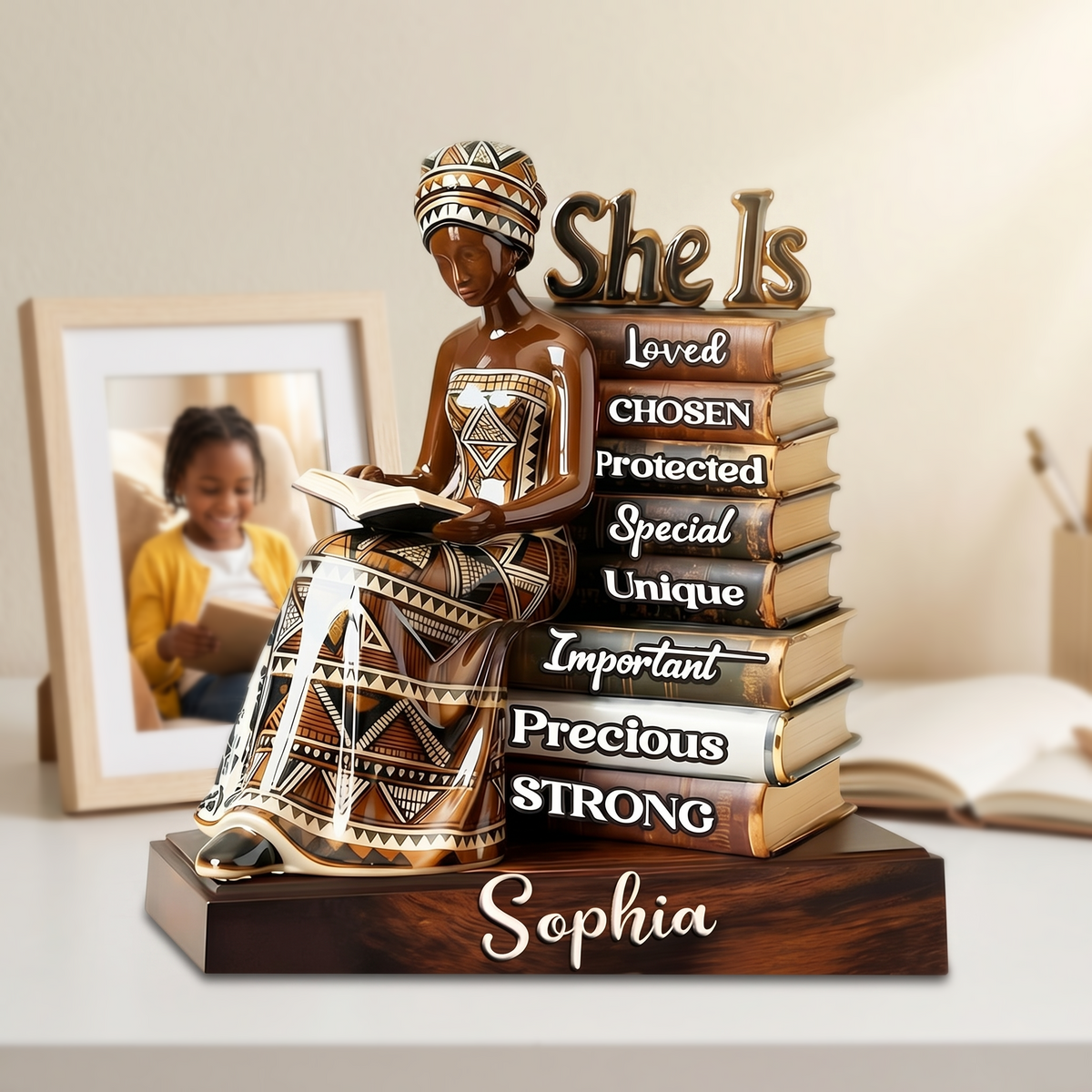 She Is Affirmation - Personalized Black Girl Reading Books Plaque
