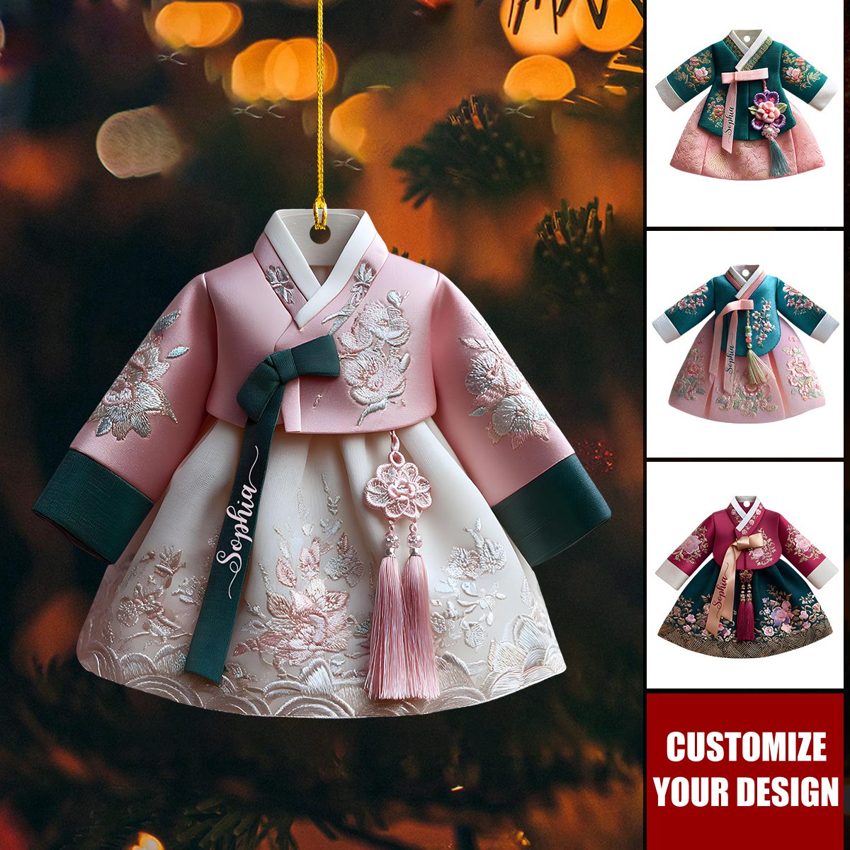 Personalized Korean Hanbok Dress Acrylic Ornament, Custom Cultural Holiday Keepsake