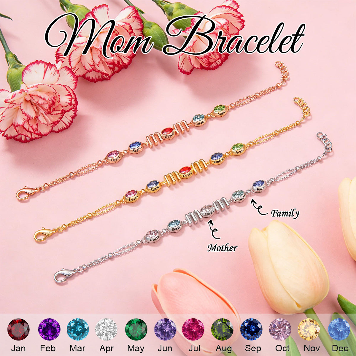Personalized Mom Names & Birthstones Bracelet -Gift For Mother