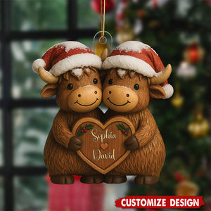 Custom Christmas Highland Cow Couple Ornament, Custom Name Highland Cow Couple Ornament, Growing Old Together Since Year, Christmas Gift