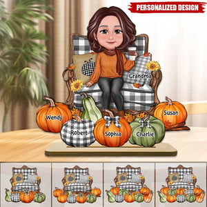 Sitting On Chair Pumpkins Personalized 2-Layer Wooden Plaque, Fall Season Decor, Gift For Grandma