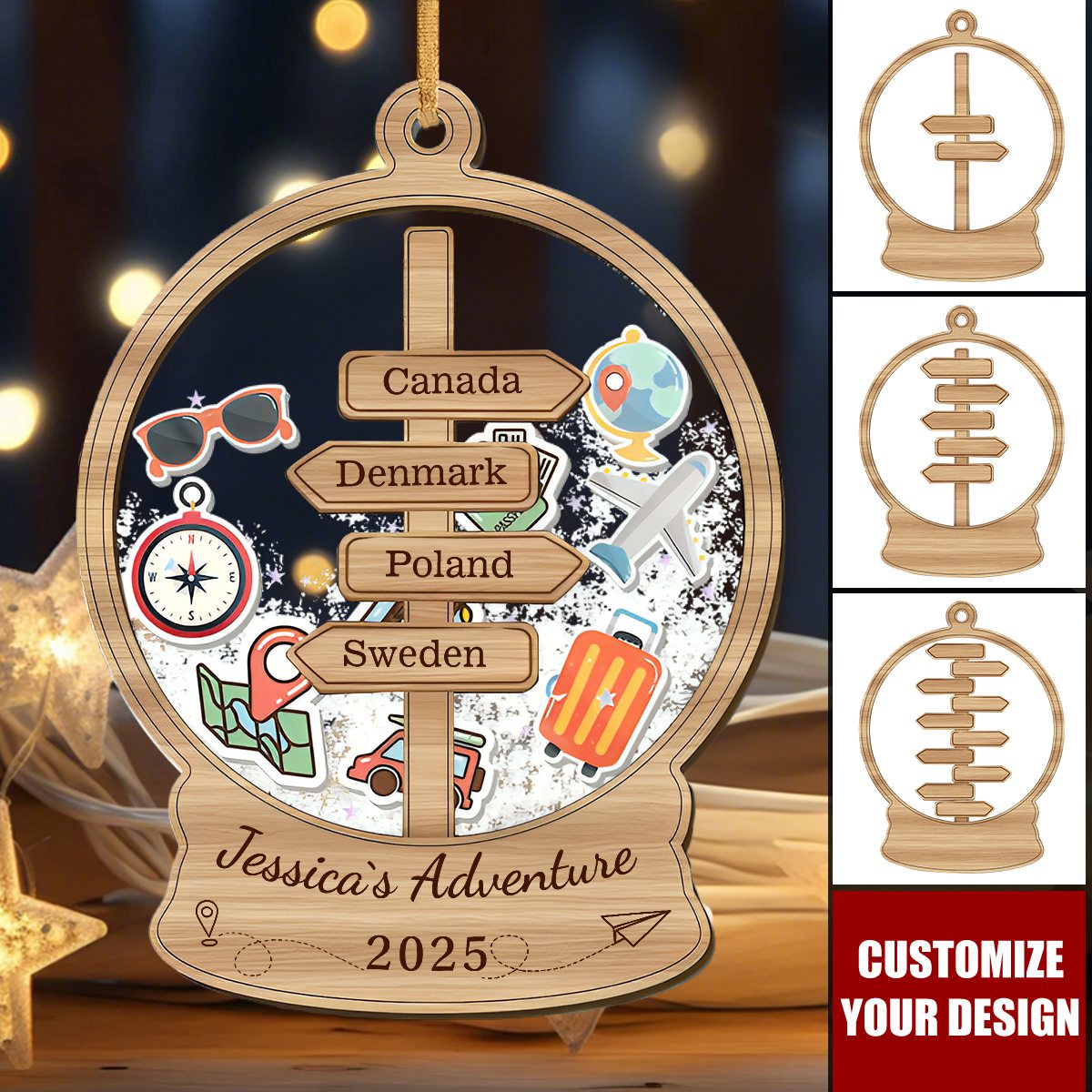 Personalized Travel Adventure Shaker Ornament, Travel Shaker Keepsake Ornament