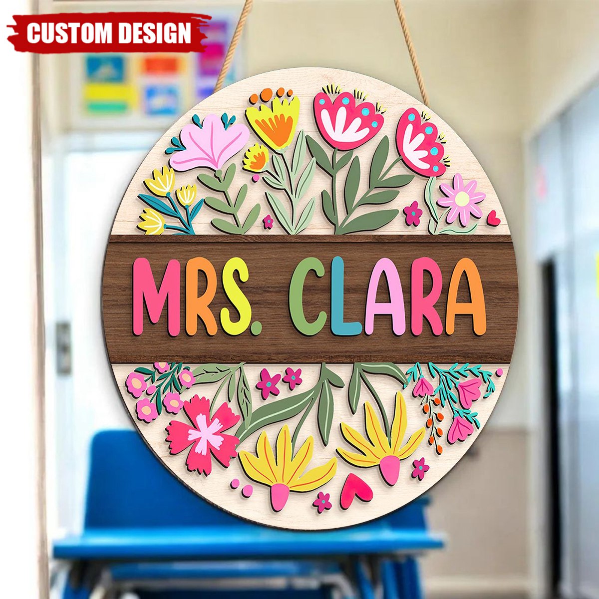 Teacher Flower Pattern - Personalized Shaped Wood Sign, Back To School Gift