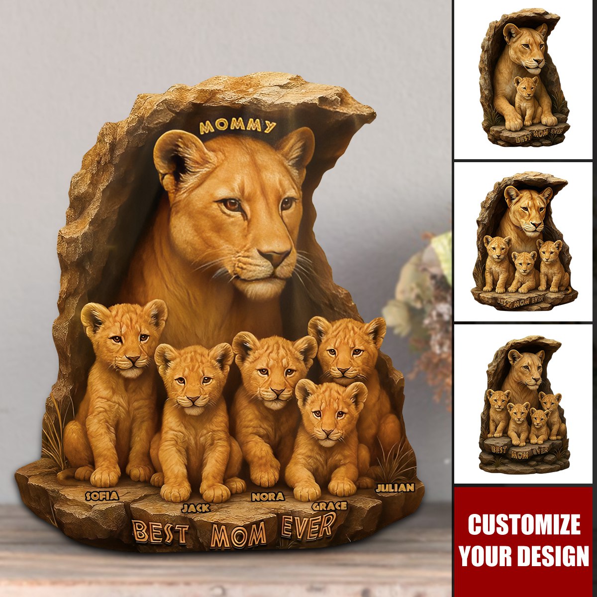 Personalized Gift For Mom Plaque, Lion Mom & Little Cubs