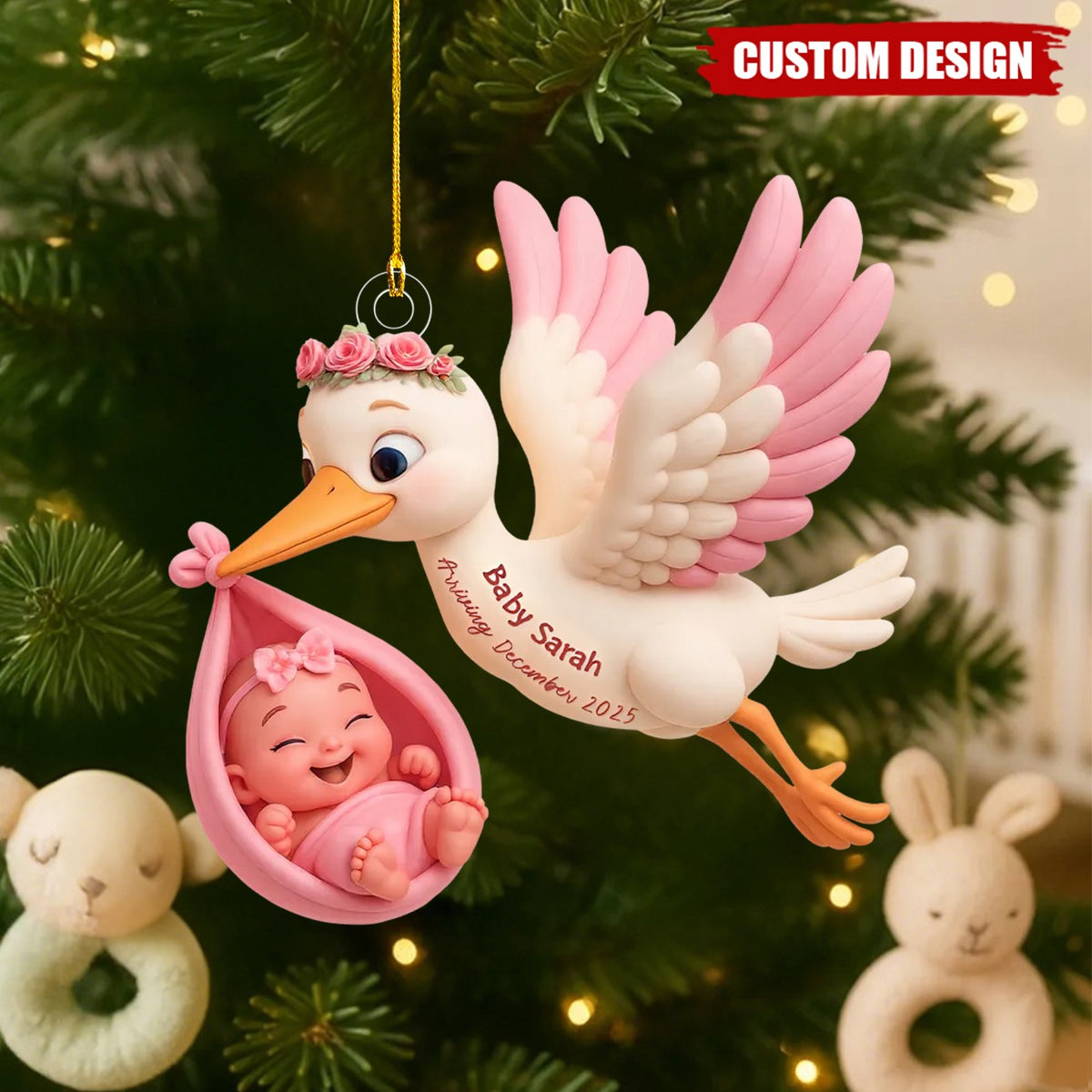 3D Effect Cute Stork And Baby Personalized Acrylic Ornament, Heartfelt First Gift for Pregnant Mom