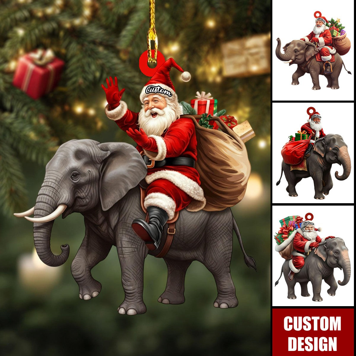 Santa riding Elephant acrylic 2D flat Christmas ornament, festive tree hanging acrylic holiday decoration, unique Santa riding elephant gift